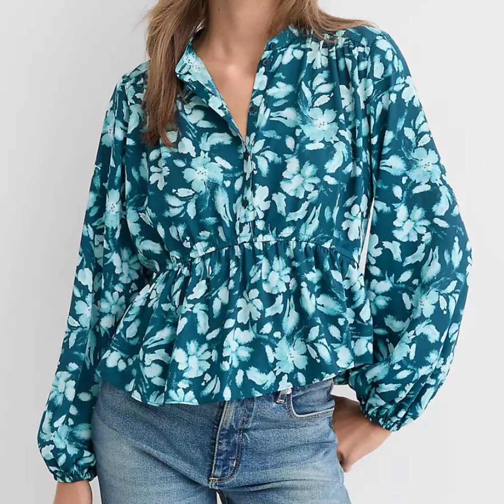 NWT Loft Teal Floral Gathered Peplum Blouse (Size 2)